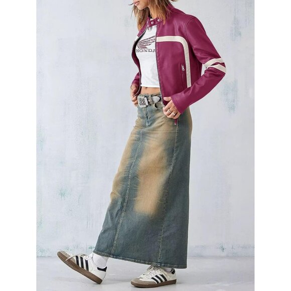 Women Purple Faux Leather Zip Up Cropped Jacket Stand Collar Moto Coat - Picture 5 of 5